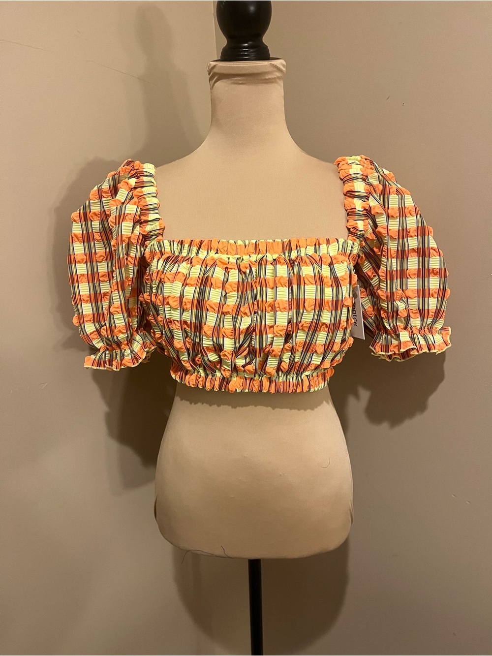 Montce Plaid Orange Yellow Smocked Puff-Sleeve Bikini Top, size Large